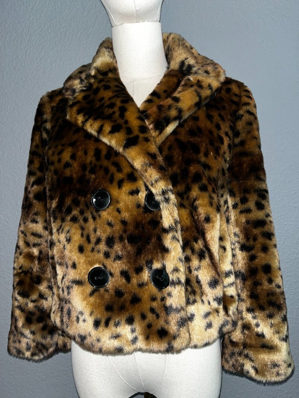 LOFT Faux Fur Leopard Print Cropped Jacket Double Breasted Pea Coat - EUC - S